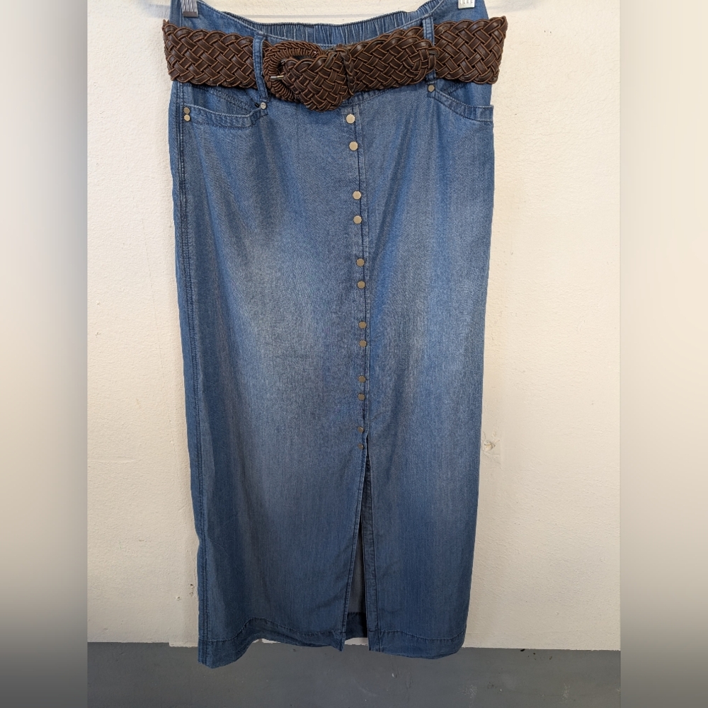 INC  Denim Skirt  Cottagecore Coastal Cowgirl Midi  Snap Skirt Brown Belt XS